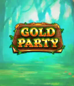 Скриншот слота Gold Party от Pragmatic Play, показывающий яркий и веселый мир ирландской тематики с денежными символами, лепреконами и радугой. На переднем плане виден игровой интерфейс с 5 барабанами и 3 рядами, окруженный ирландским пейзажем и горшками золота, формирующими атмосферу праздника и волшебства.